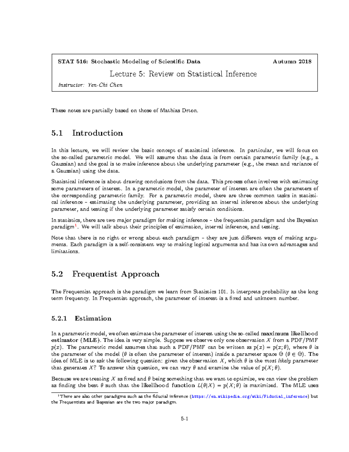 Lec5 Stat Inf - Lecture notes 5 - STAT 516: Stochastic Modeling of ...