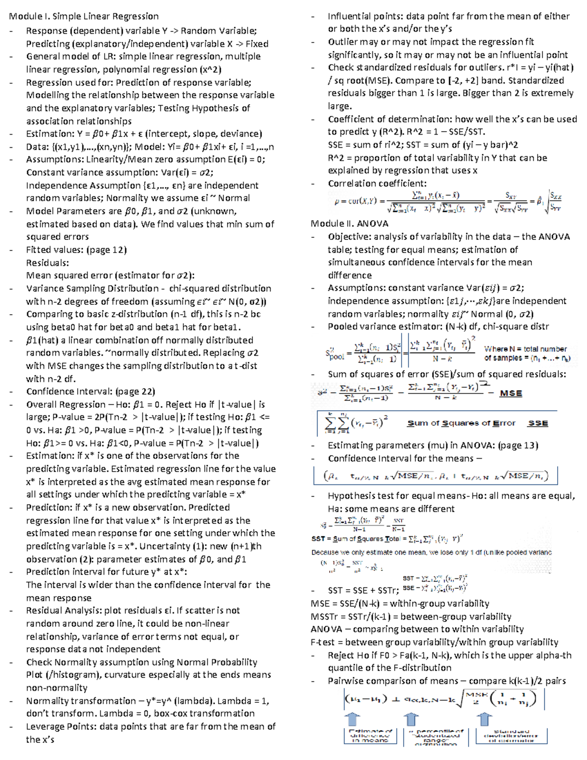 Midterm 1 cheatsheet - Module I. Simple Linear Regression Response ...
