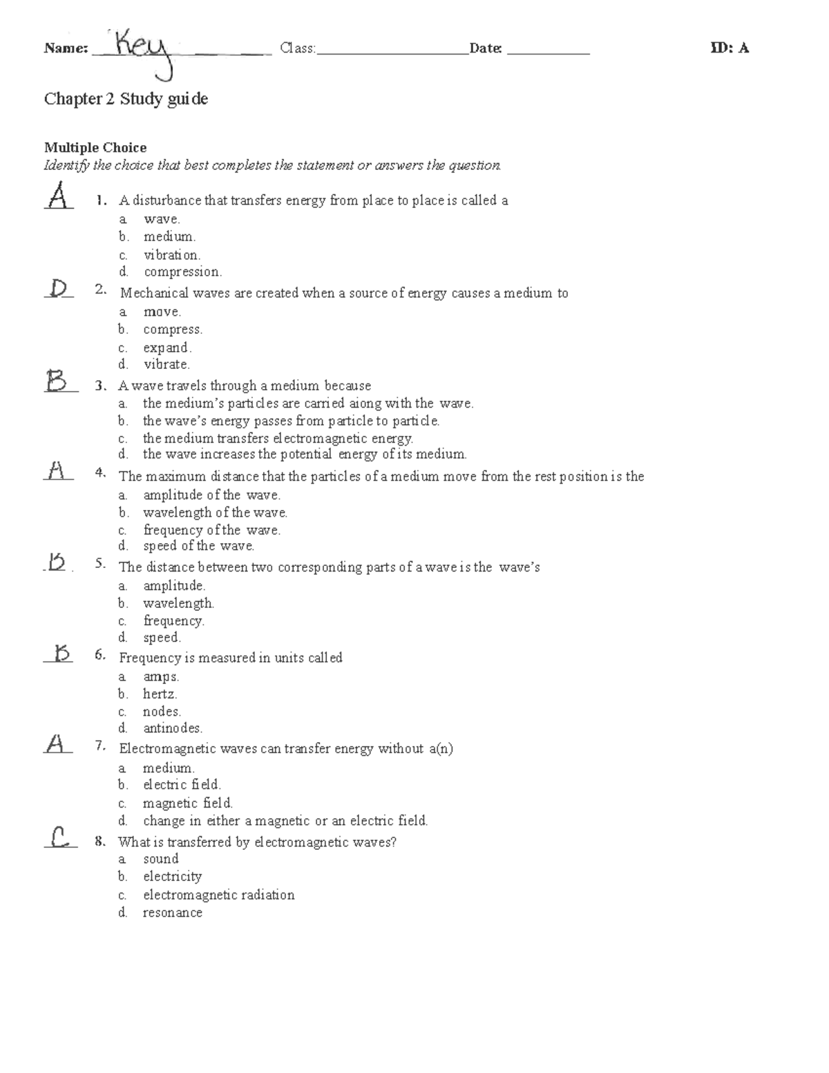 waves study guide for students in science 10 - Chapter 2 Study guide ...