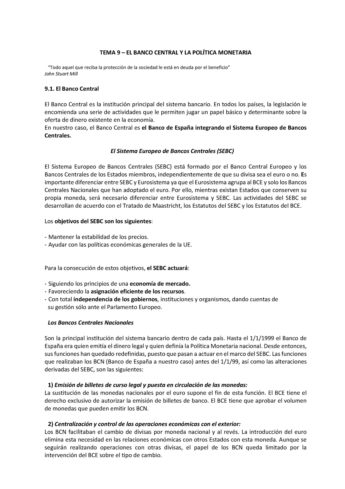 Tema 9 El Banco Central Y La Política Monetaria Tema 9 ñ El Banco Central Y La PolÕtica 8724