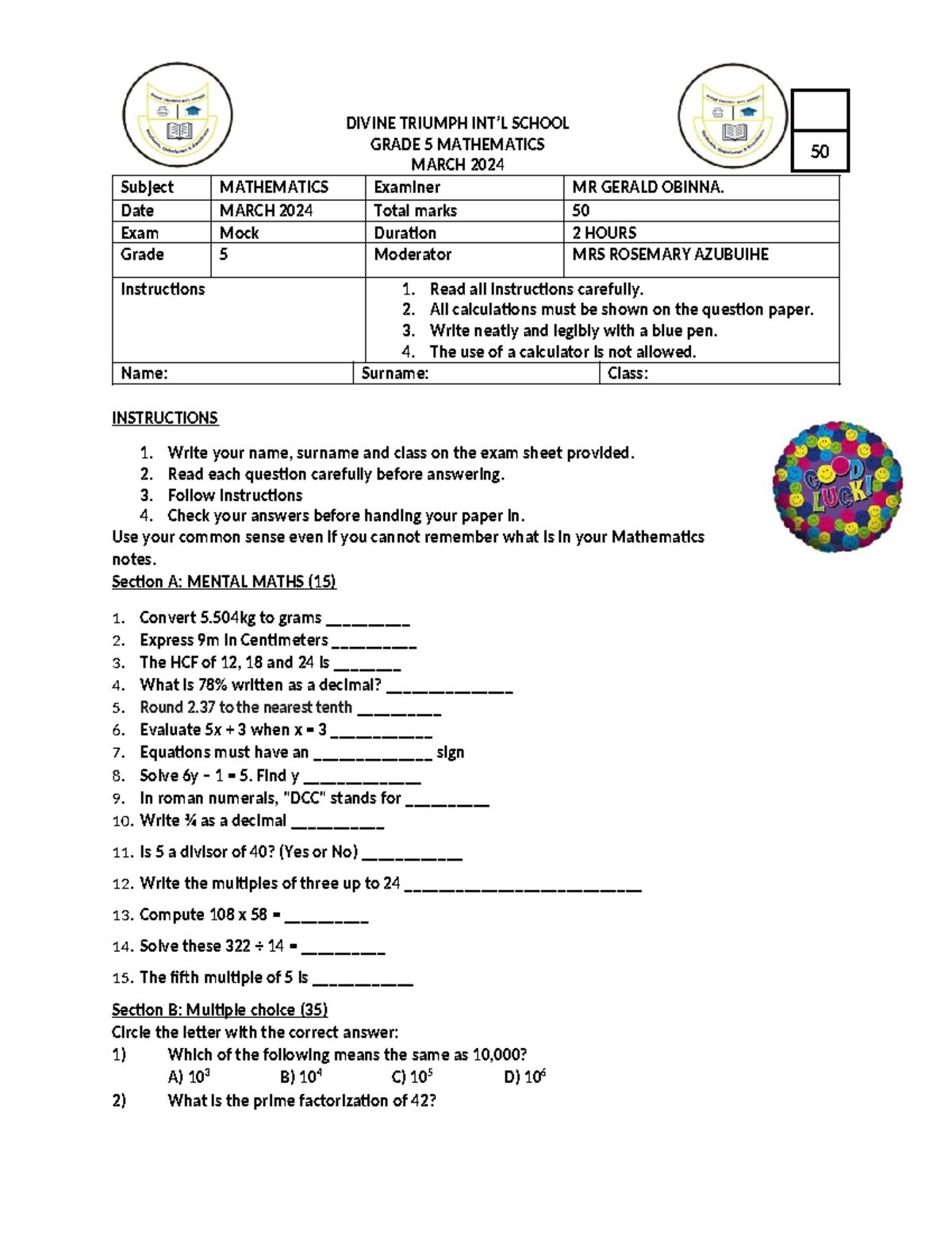 MOCK G5 maths - DIVINE TRIUMPH INT’L SCHOOL GRADE 5 MATHEMATICS MARCH ...