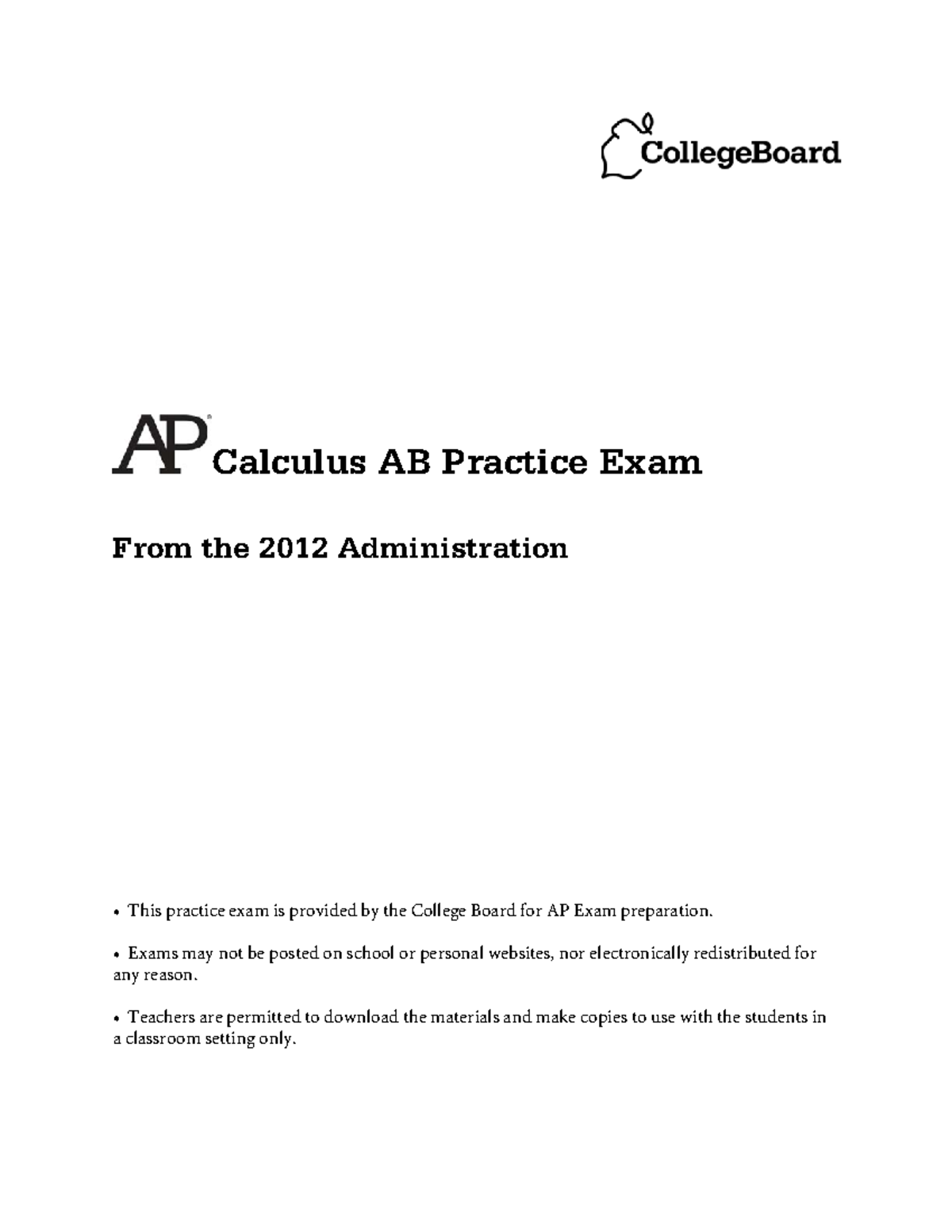 Ap Calculus Ab Practice Exam 2012 - Calculus AB Practice Exam From The ...