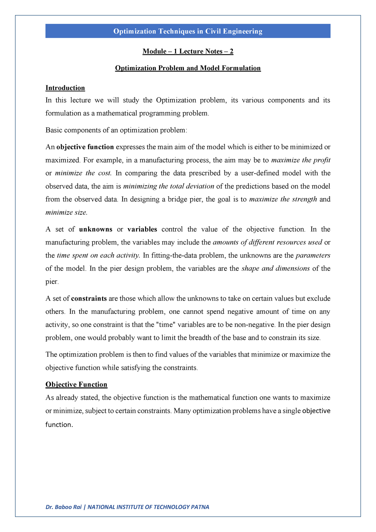 Optimization Lecture-2 - Module – 1 Lecture Notes – 2 Optimization ...