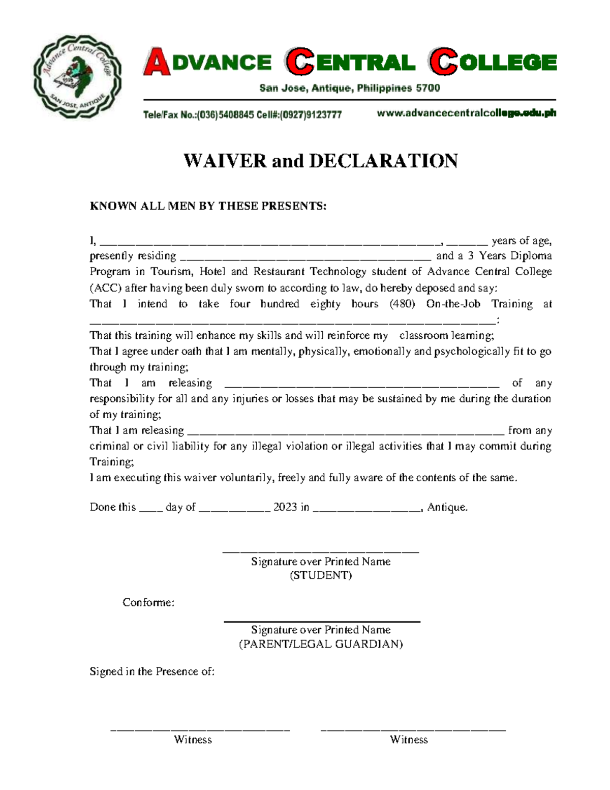 Waiver-For-Hotel 480-hours - WAIVER and DECLARATION KNOWN ALL MEN BY ...
