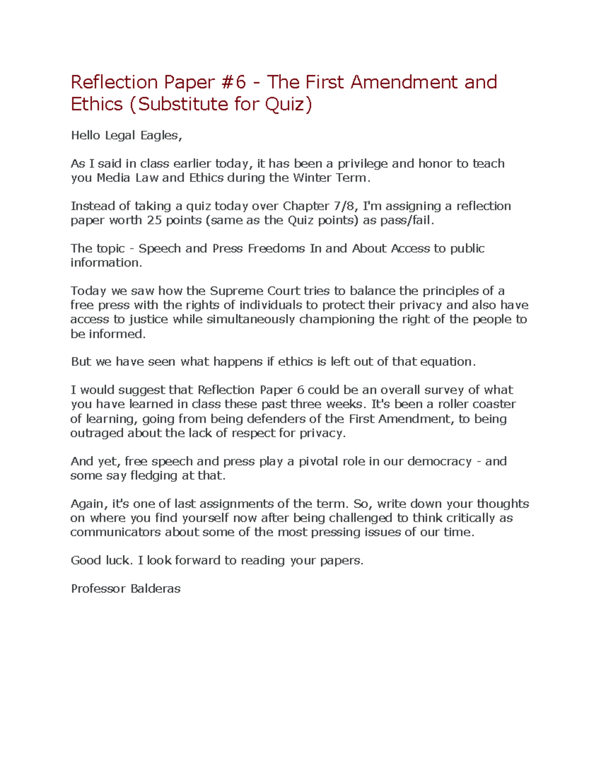 Reflection Paper 6 - Instead of taking a quiz today over Chapter 7/8, I ...