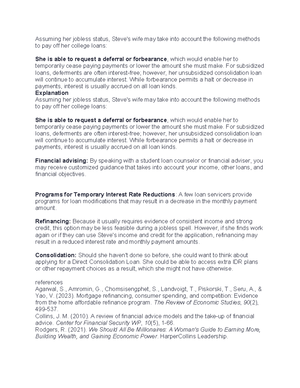 A7 - managerial accounting coursework - Assuming her jobless status ...