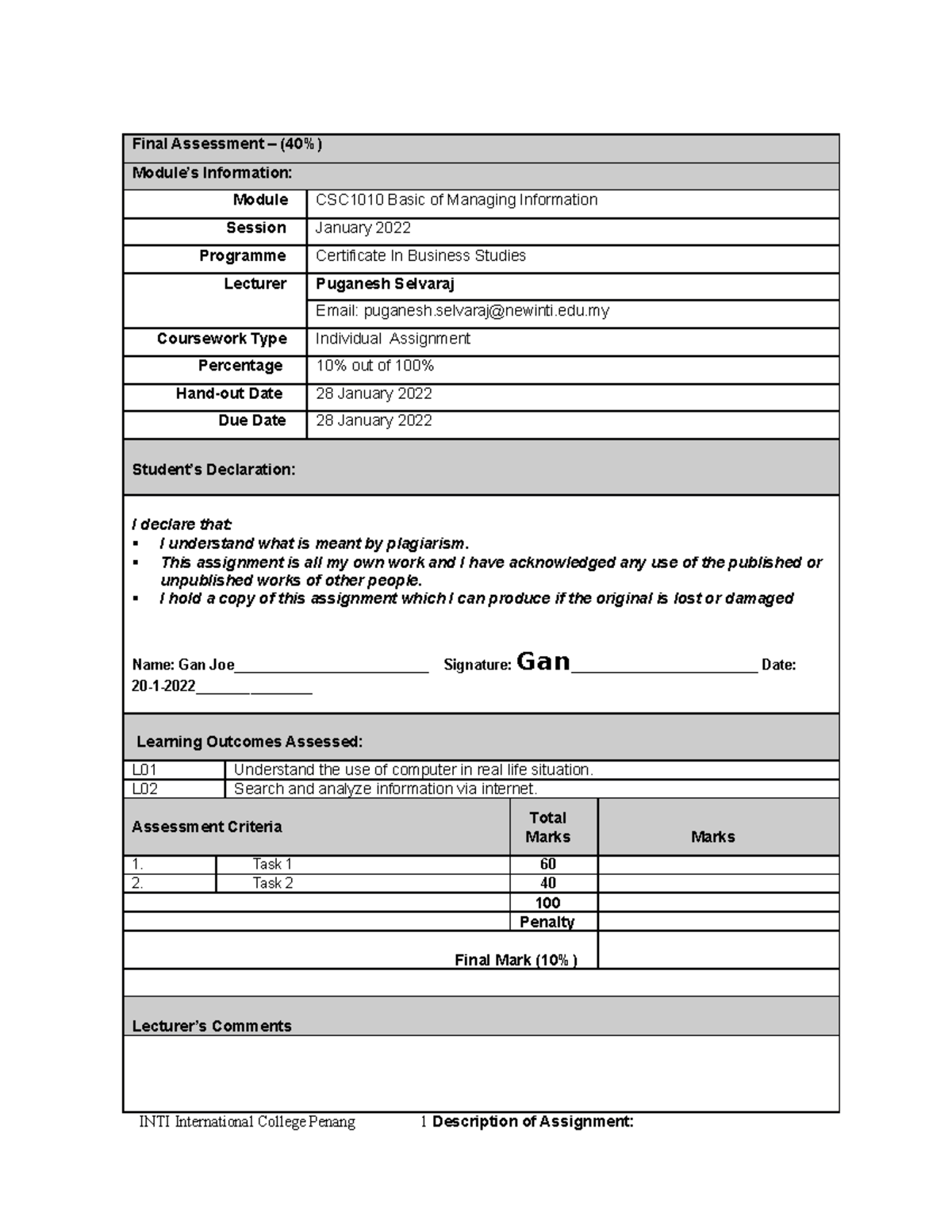 CSC1010 Individual Assignment - Final Assessment – (40%) Module’s ...