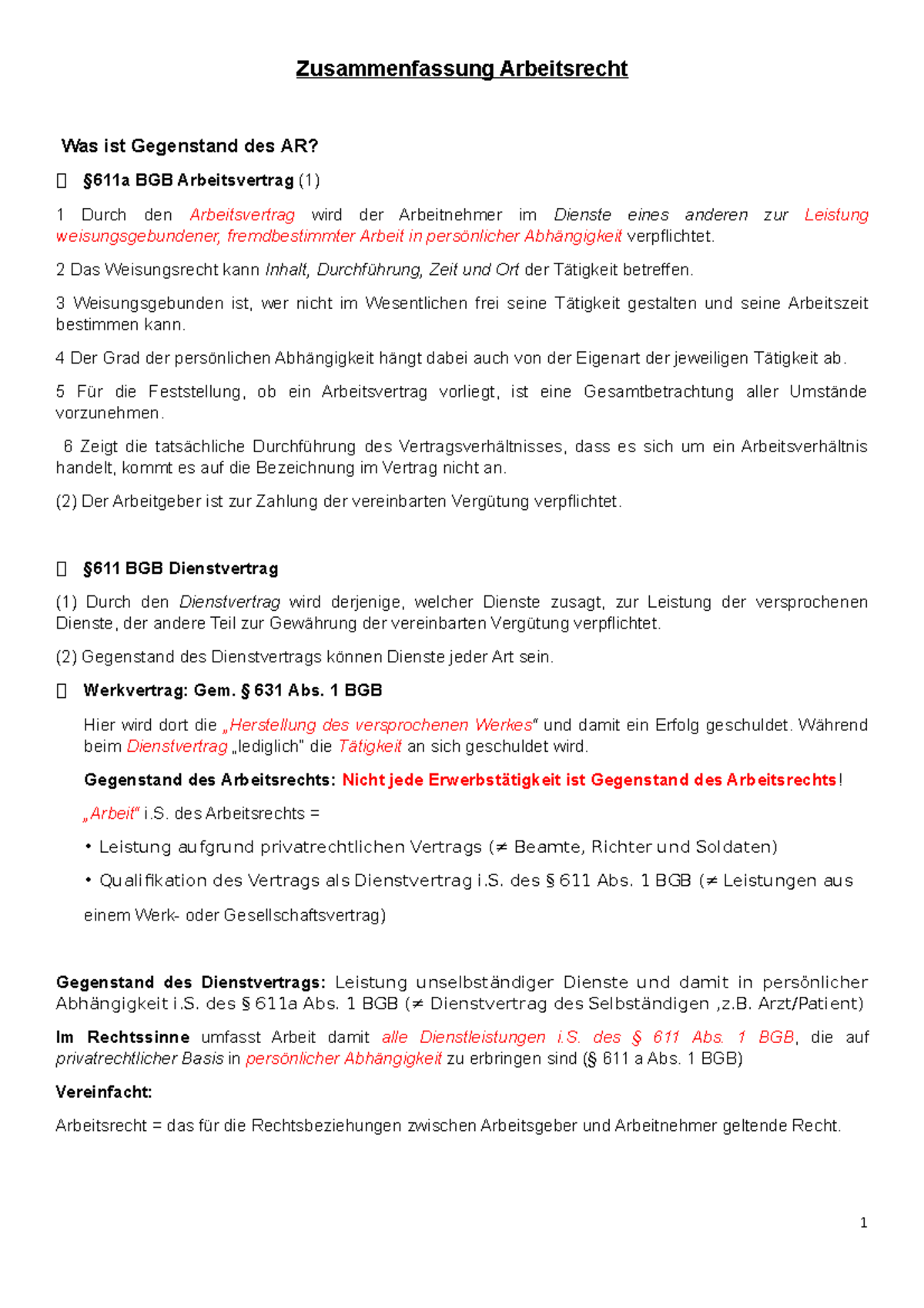 Zusammenfassung Arbeitsrecht - 2 Das Weisungsrecht kann Inhalt ...