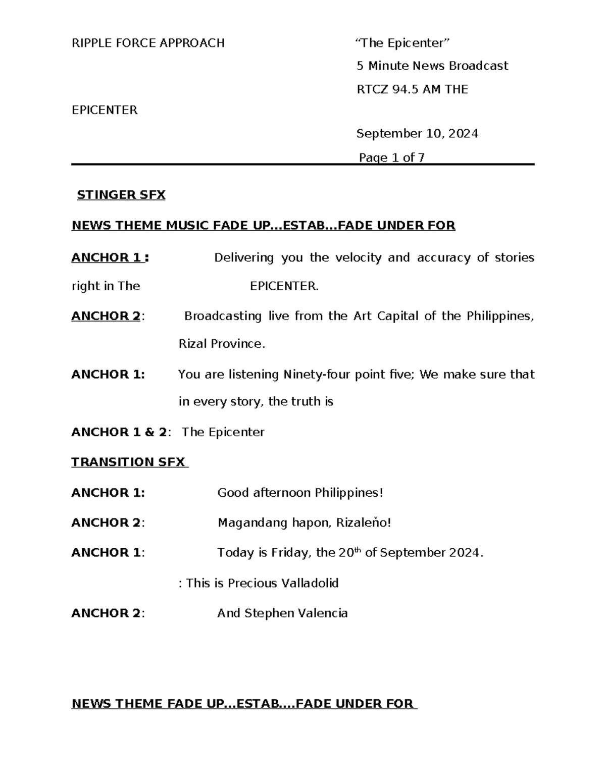 Final- Script- English - Page 1 of 7 5 Minute News Broadcast RTCZ 94 AM ...