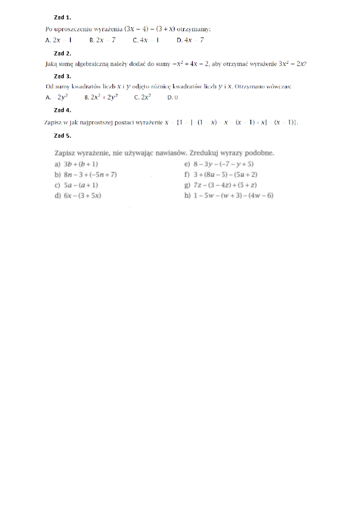 Wyrazenia-Algebraiczne - Matematyka - Zakres Podstawowy - Zad 1. Zad 2 ...