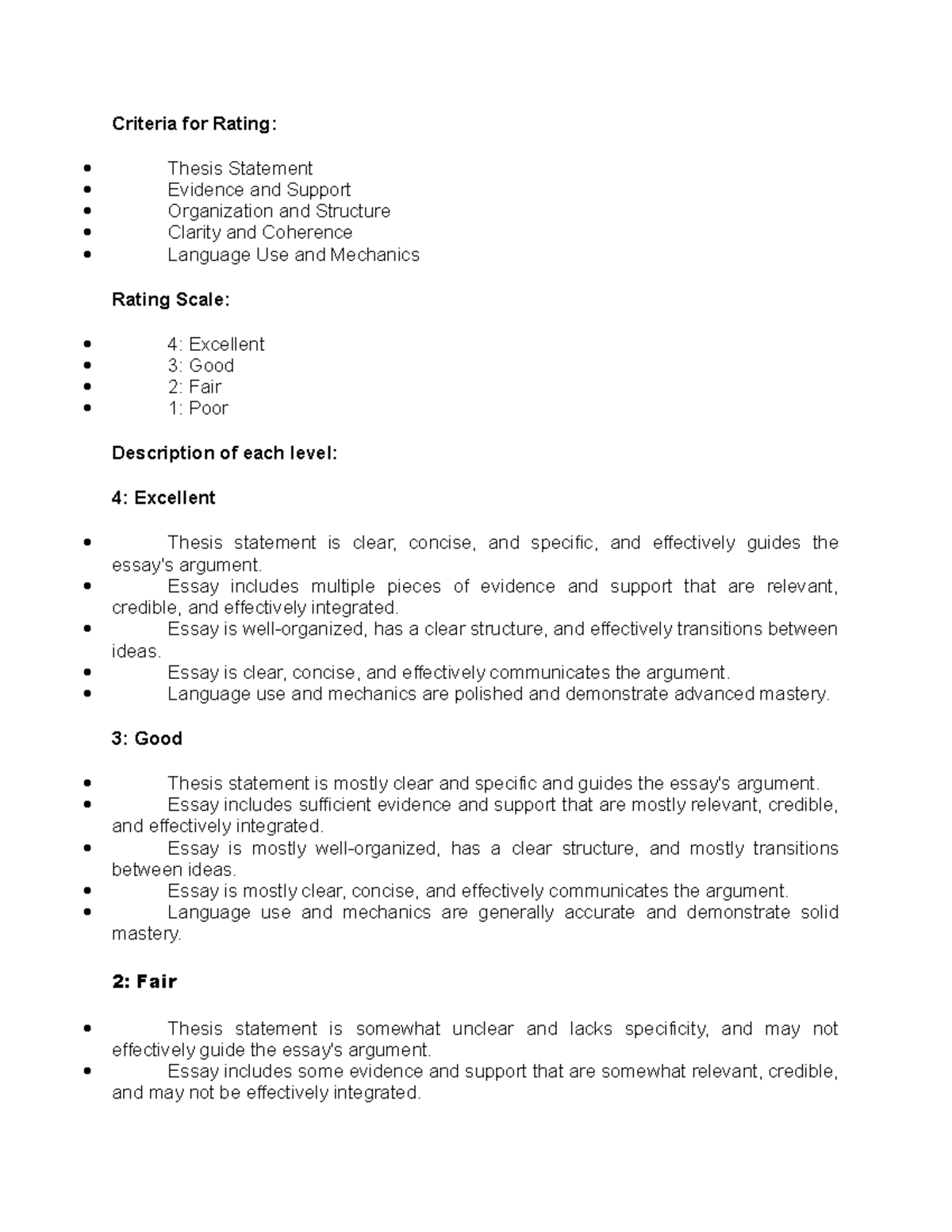 criteria for rating - Criteria for Rating: Thesis Statement Evidence ...