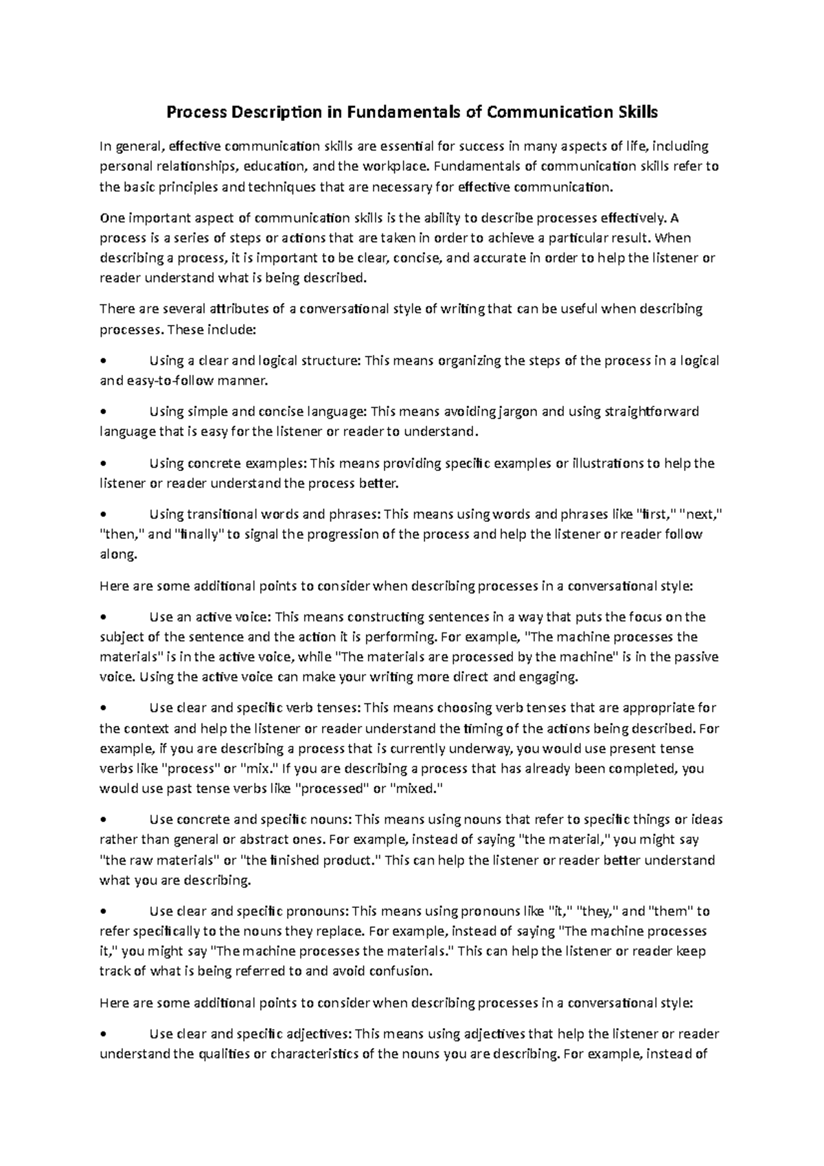 Process Description - Fundamentals of communication skills refer to the ...