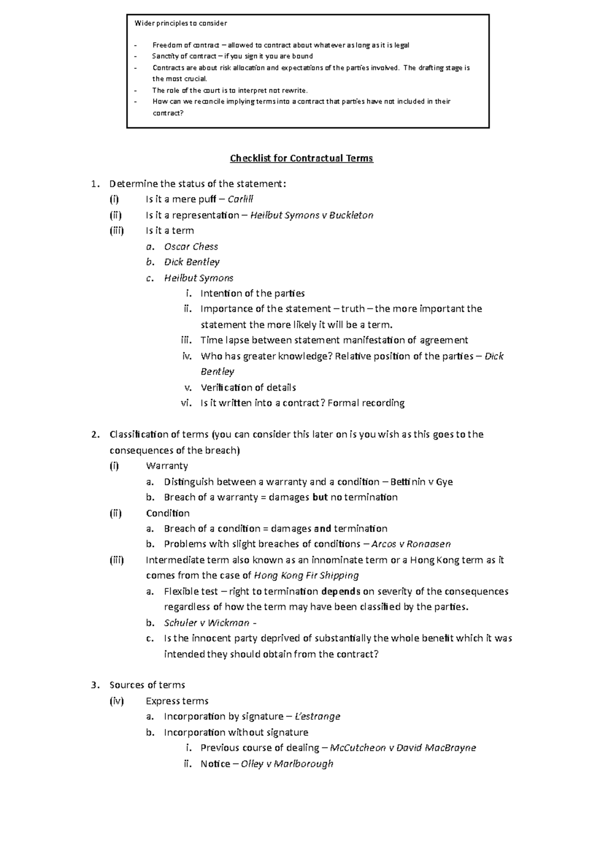 Contractual Terms Checklist - Checklist for Contractual Terms Determine ...