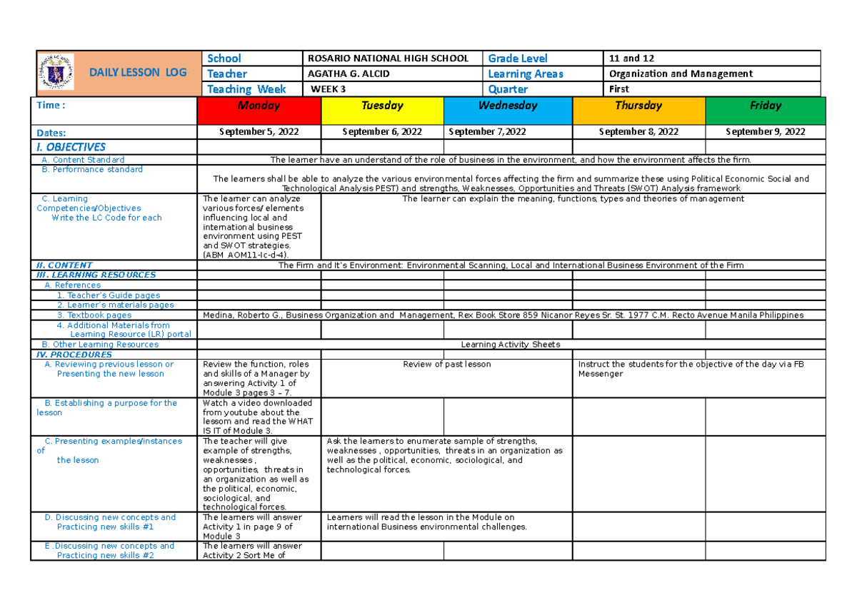 Dllorg%mgtweek 3 - lesson plan - DAILY LESSON LOG School ROSARIO ...