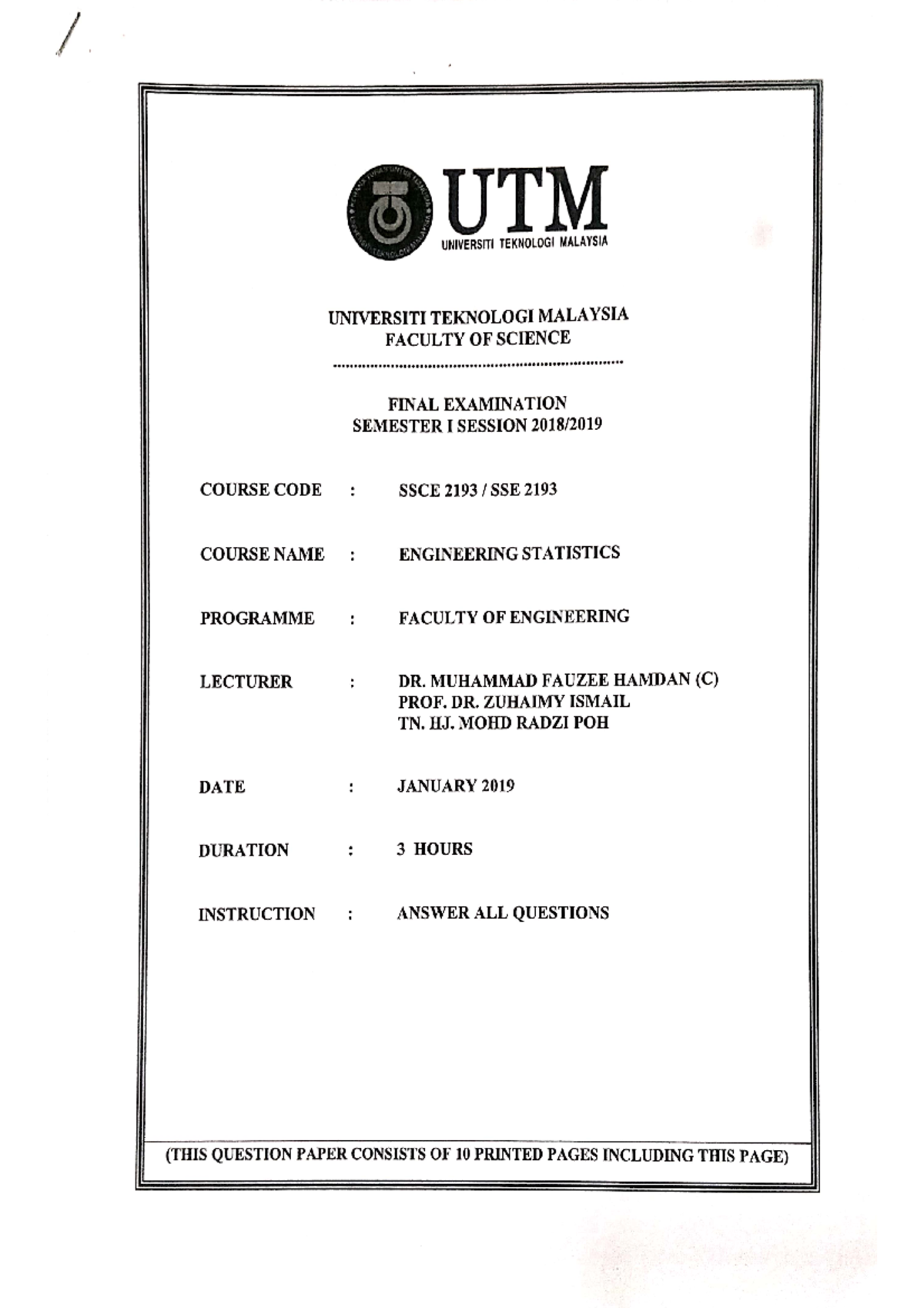 Ssce 2193 Engineering Statistics Sem1 Jan 19 Tm Universiti Ieknologi Malaysia Universiti Studocu