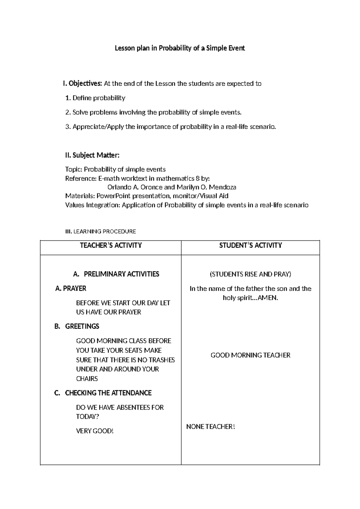 Lesson plan in probability and statistics - Copy - Lesson plan in ...