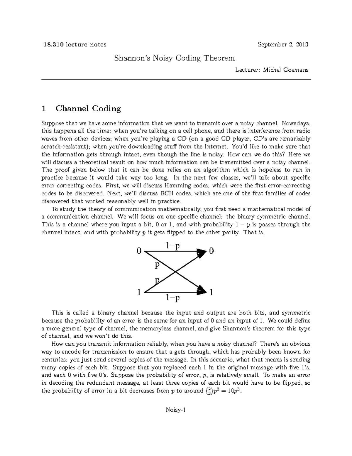 Shannon's Noisy Coding Theorem - 18 lecture notes September 2, 2013 ...