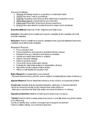 Chapter 3 summary - Validity Construct Validity The measurements of a ...