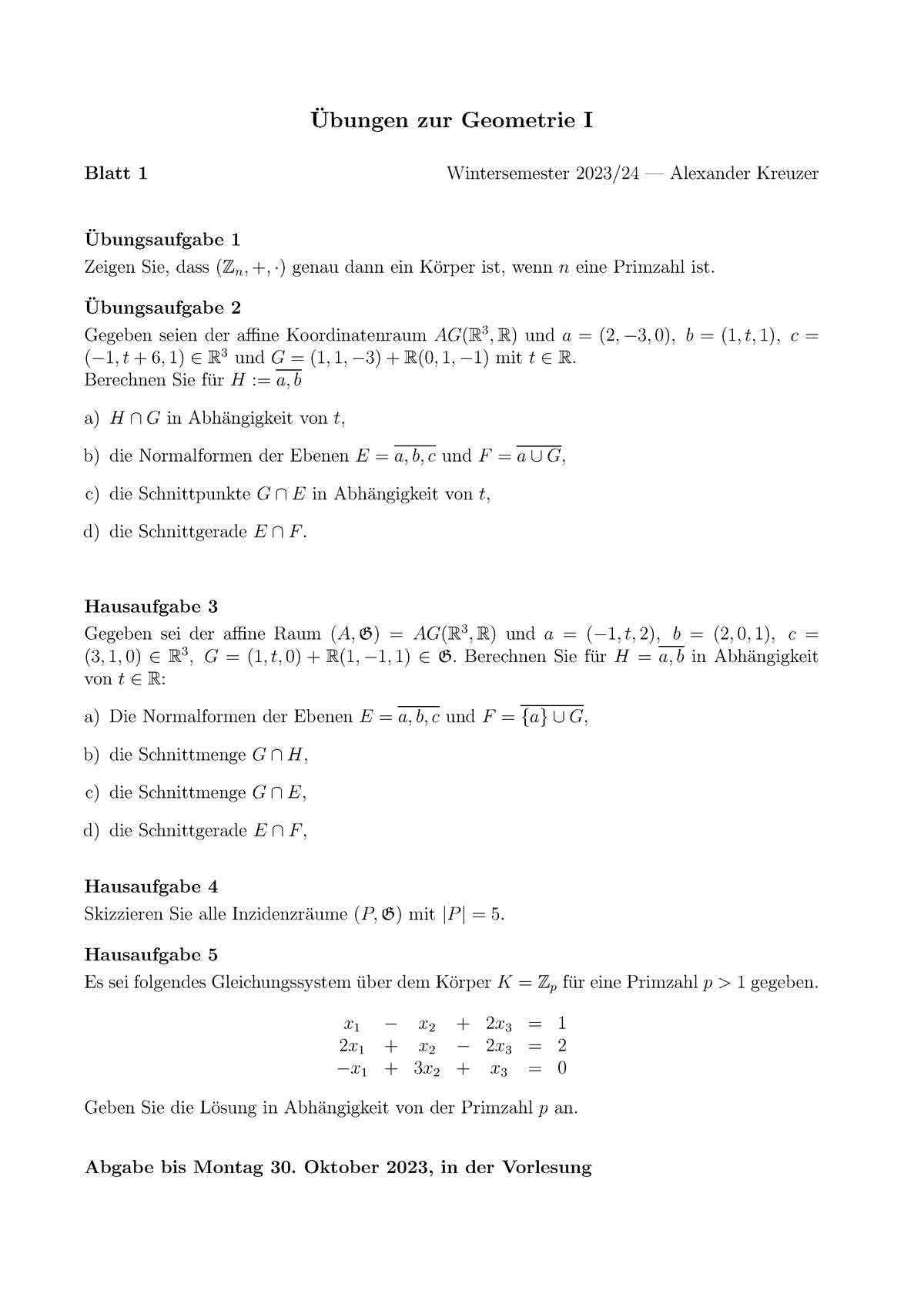 Blatt 1 Geometrie - Ubungen Zur Geometrie I ̈ Blatt 1 Wintersemester ...