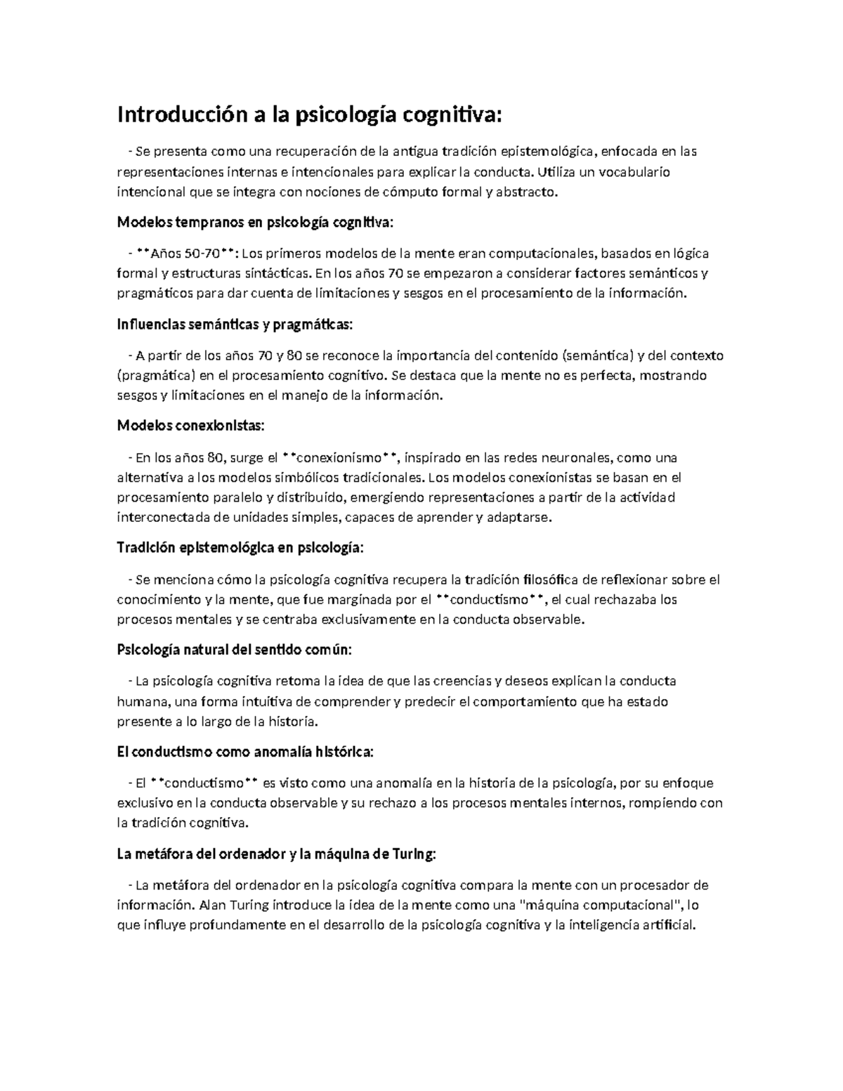 Resumen textos y ppt T.Cognitivas unidad 1 - Introducción a la ...