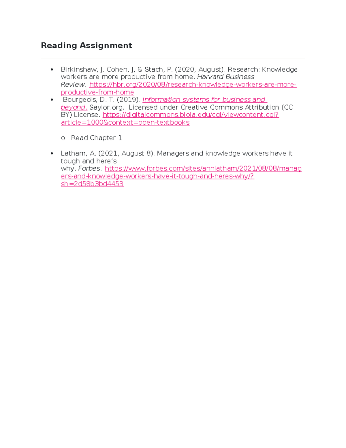 Reading Assignment - Reading Assignment Birkinshaw, J. Cohen, J ...