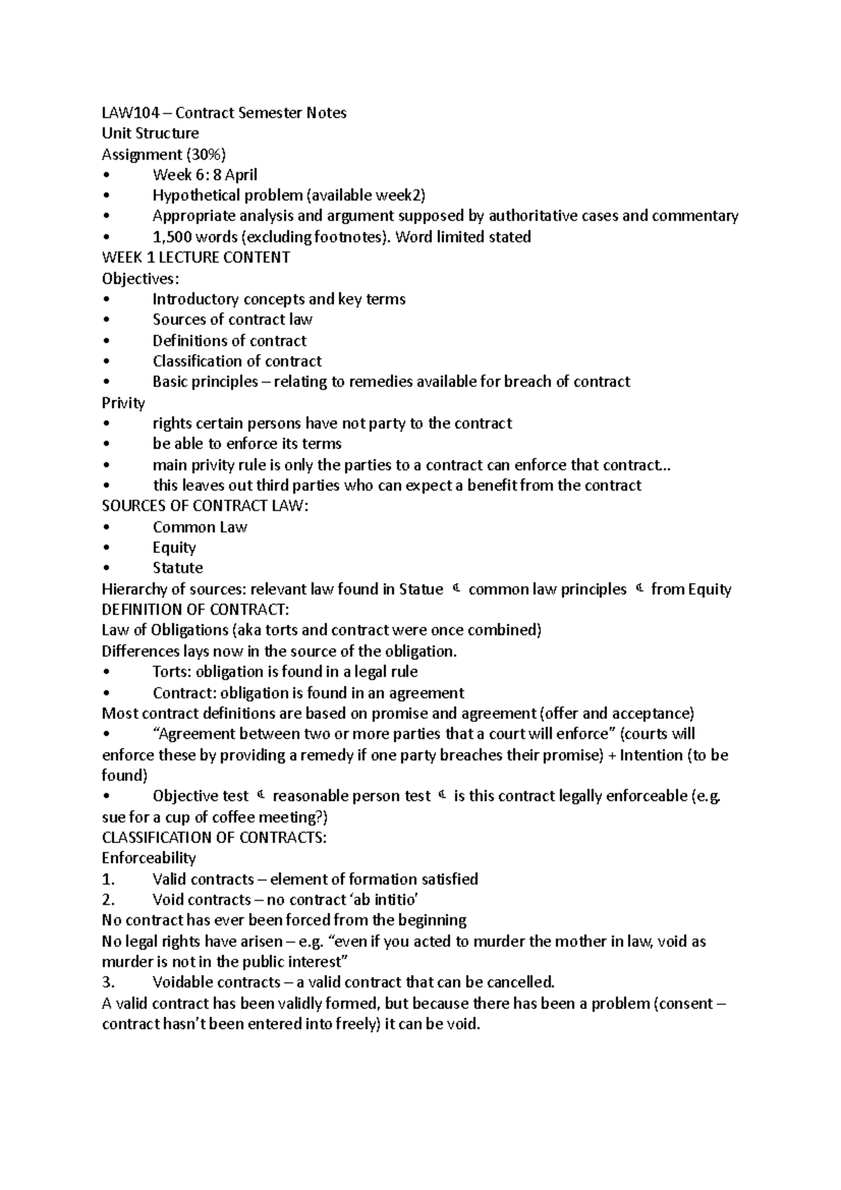 LAW104 – Contract Semester Notes - Word limited stated WEEK 1 LECTURE ...