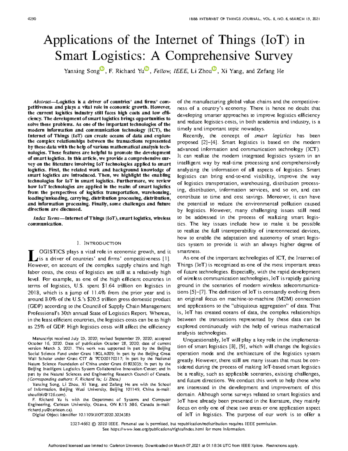 Io T and Operations Management - 4250 IEEE INTERNET OF THINGS JOURNAL ...