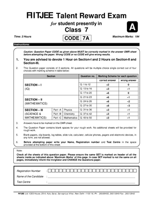 FTRE Sample Paper Class 7th Paper 2 - FIITJEE Lt D., FI I T JEE H Ouse ...