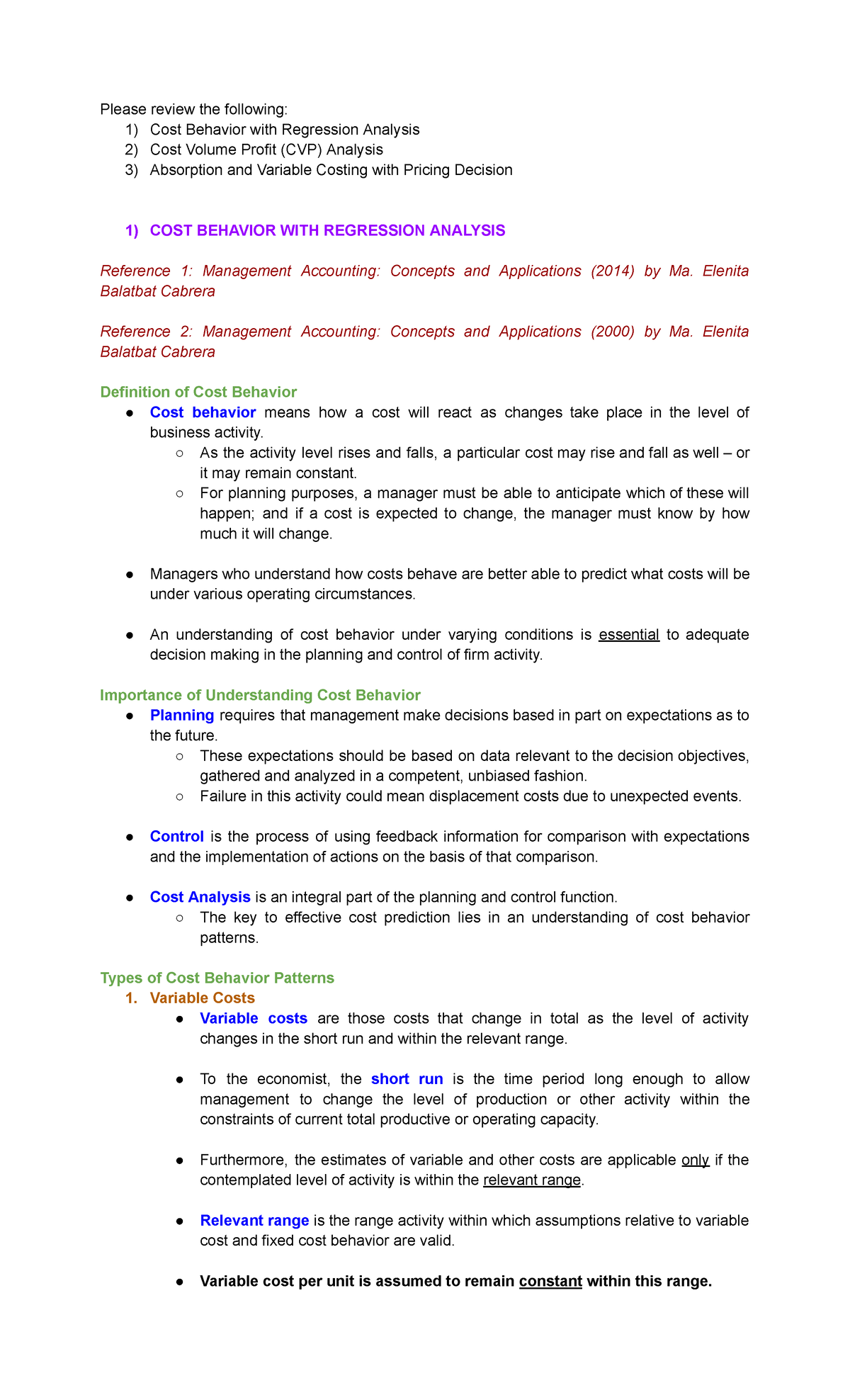 MAS EXAM #1 Topics - Cost Behavior with Regression Analysis Cost Volume ...