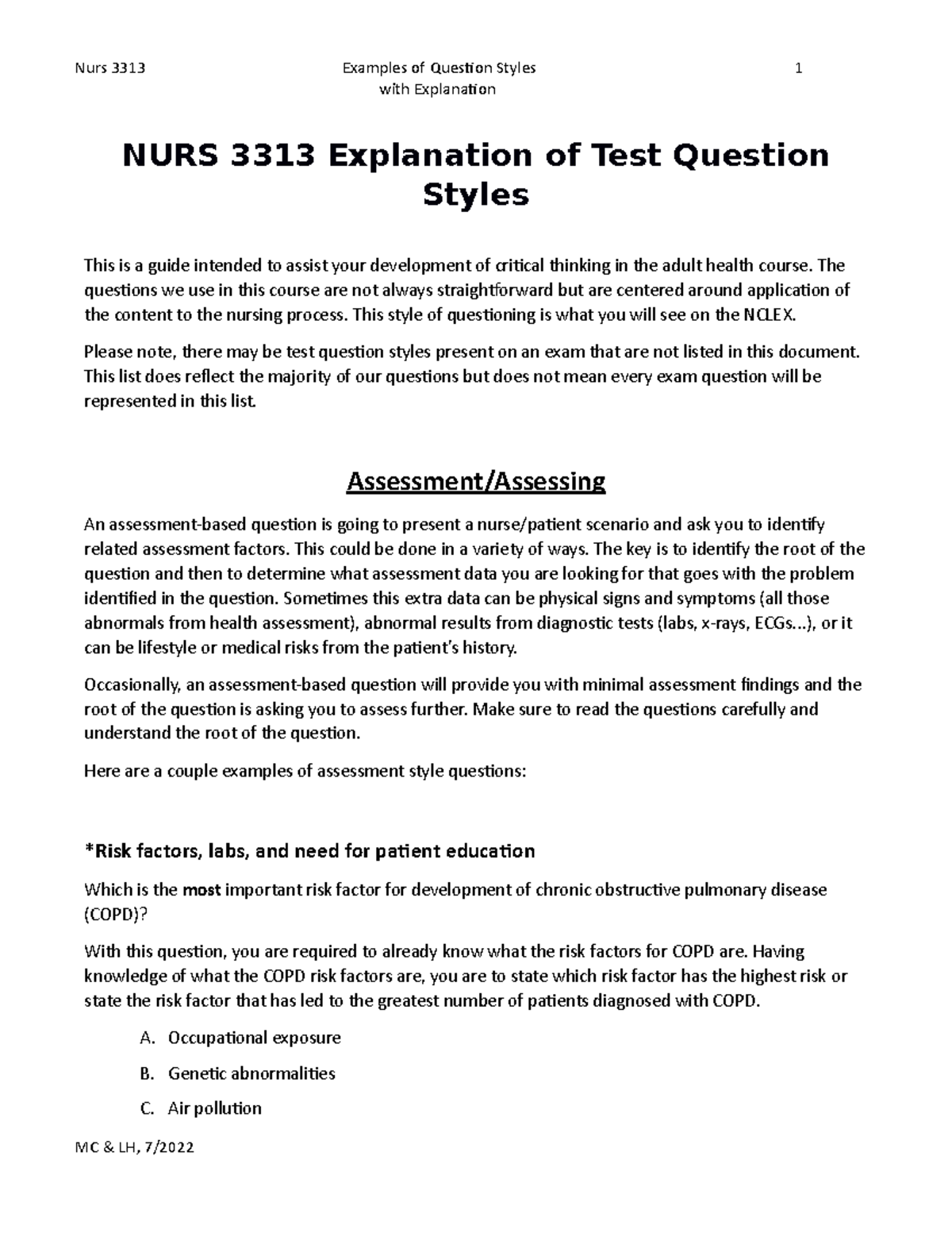 Nurs 3313 Explanations of Test Question Styles - with Explanation NURS ...