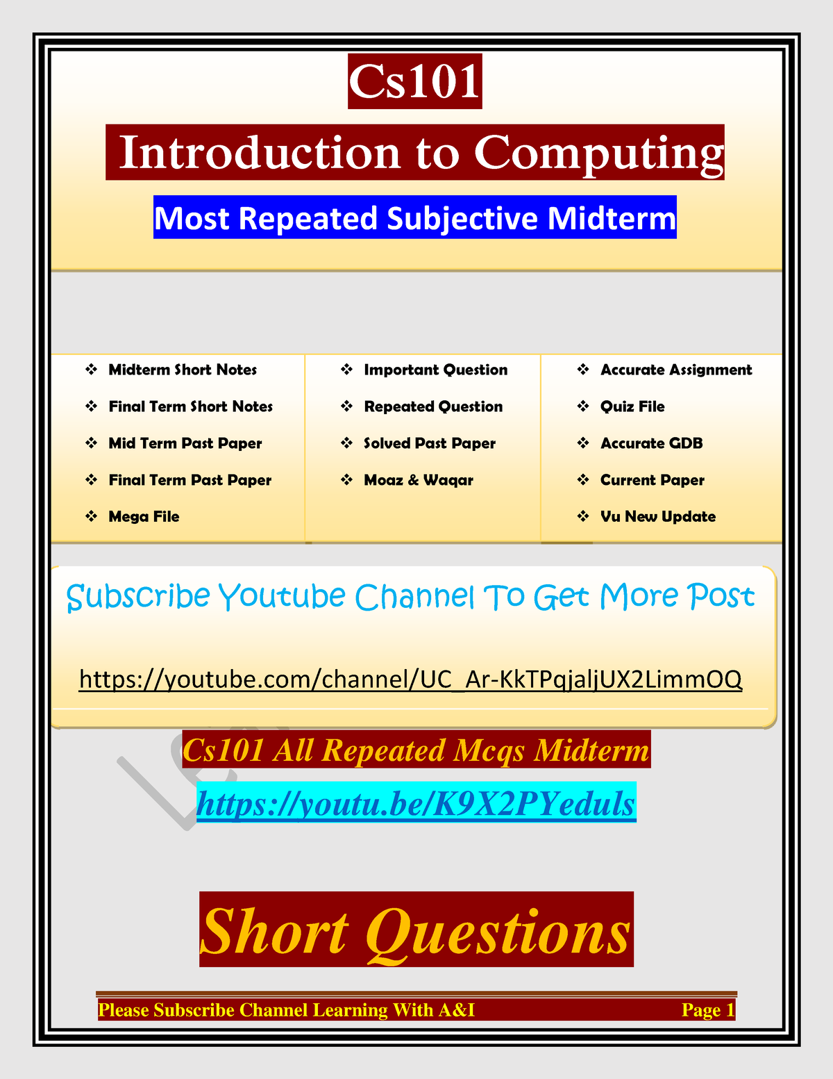 Cs101-Subject-midterm - ####### Cs101 All Repeated Mcqs Midterm Youtu ...