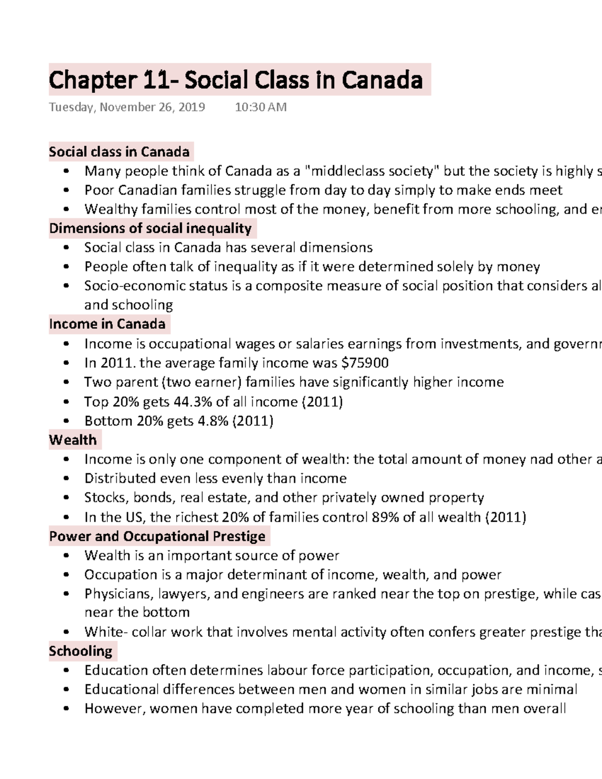intro to soc Chapter 11 Social Class in Canada Social class in