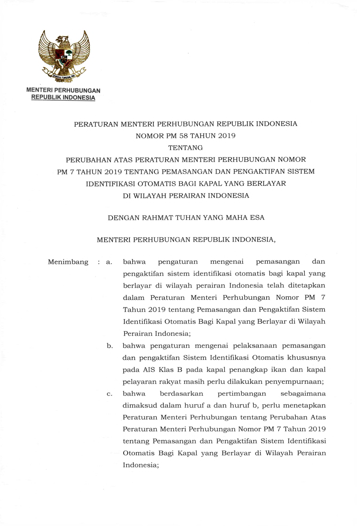 Permenhub 58 Tahun 2019 Pemasangan Dan Pengaktifan AIS - MENTERI ...