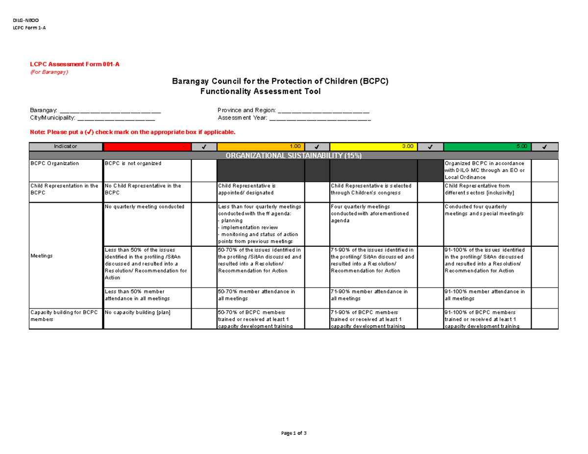 Bcpc Assessment 2019 Dilg Nboo Lcpc Form 1 A Lcpc Assessment Form 001