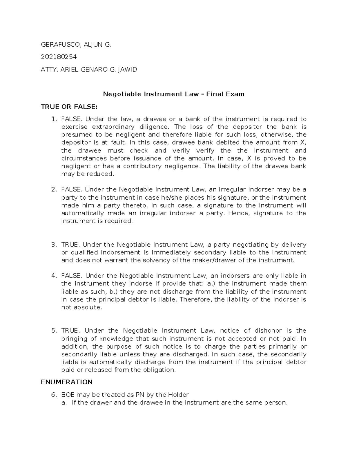 Gerafusco, Aljun G. - Final EXAM - Negotiable Instrument LAW ...