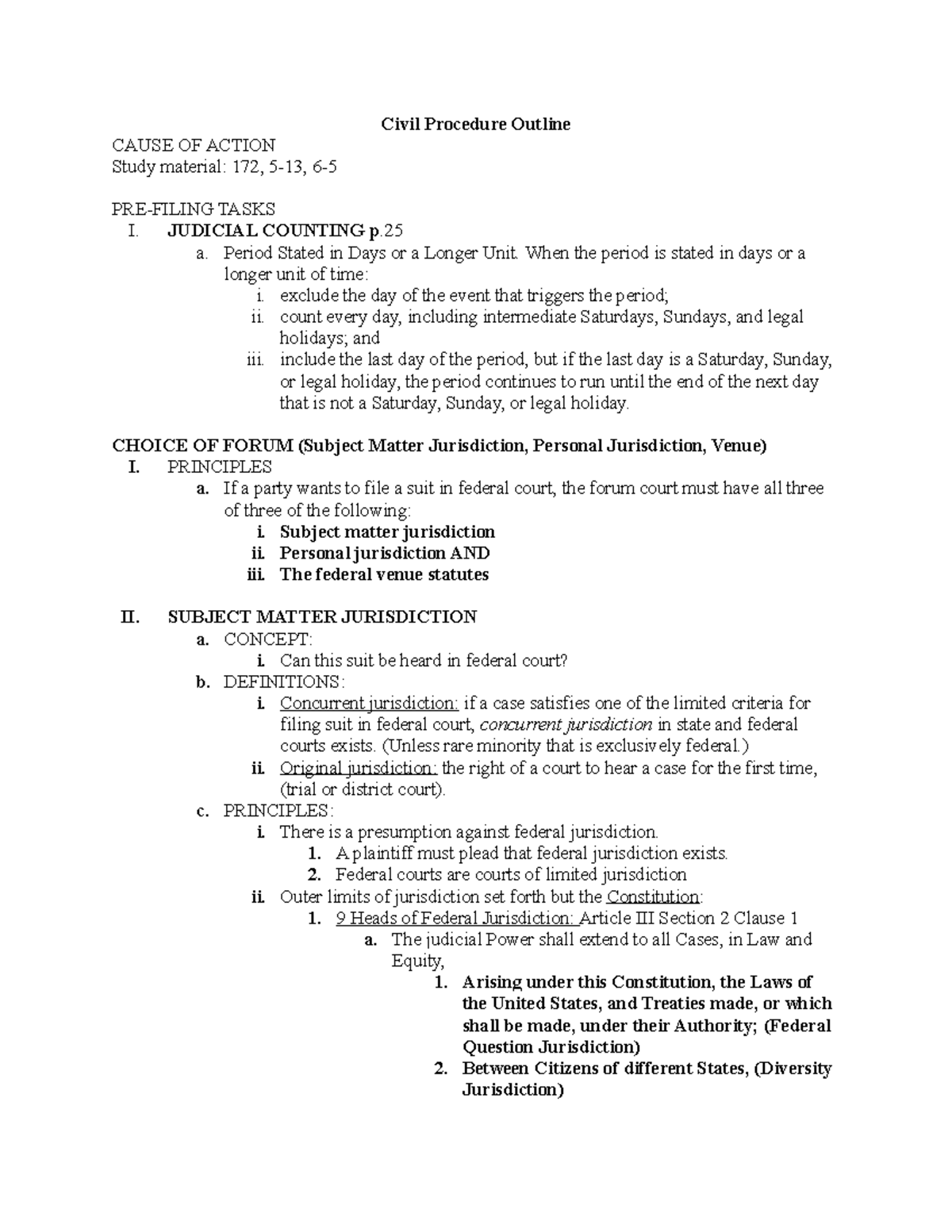 Civ Pro Outline - Civil Procedure Outline CAUSE OF ACTION Study ...