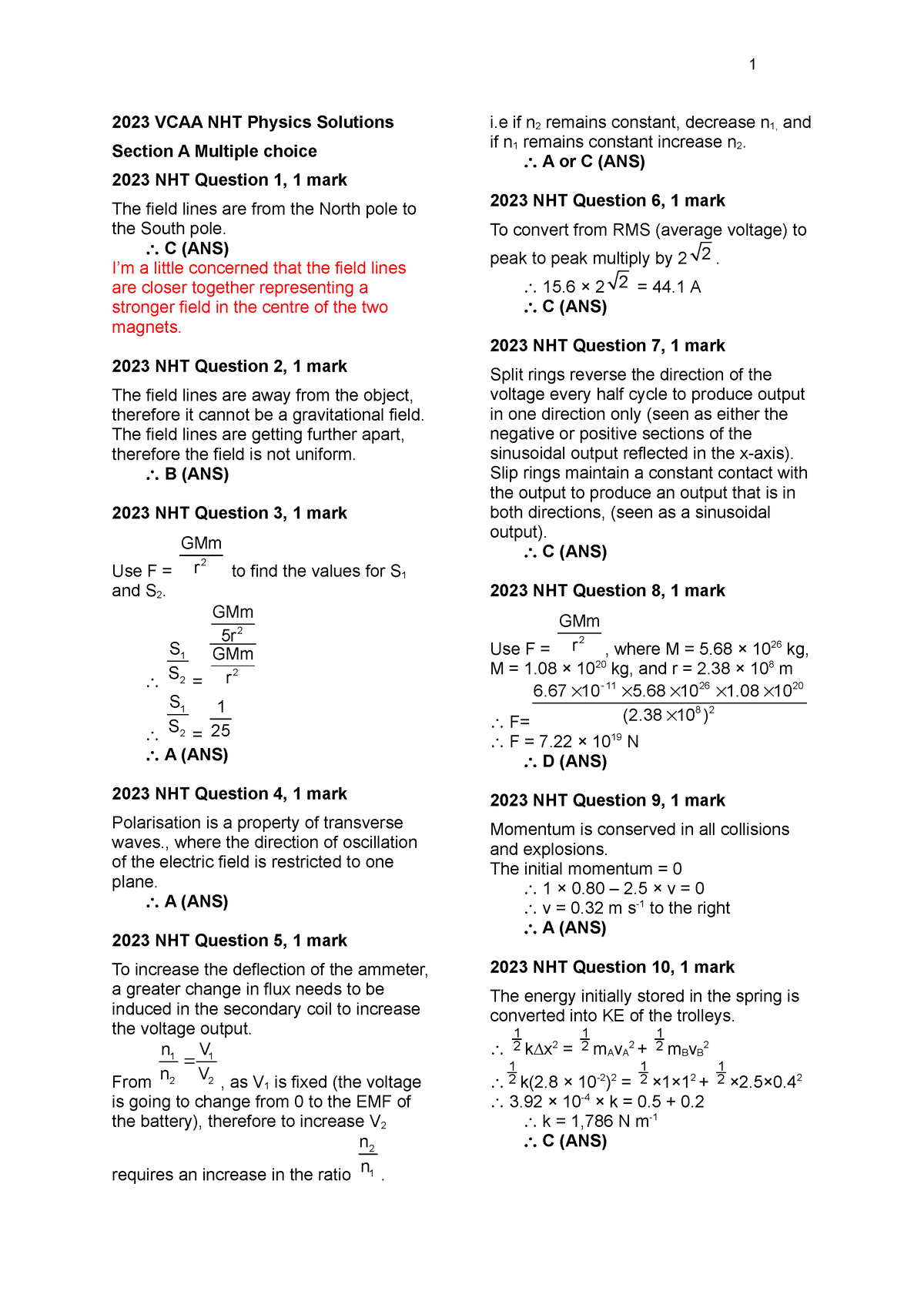 2023 VCAA NHT Solutions 2023 VCAA NHT Physics Solutions Section A