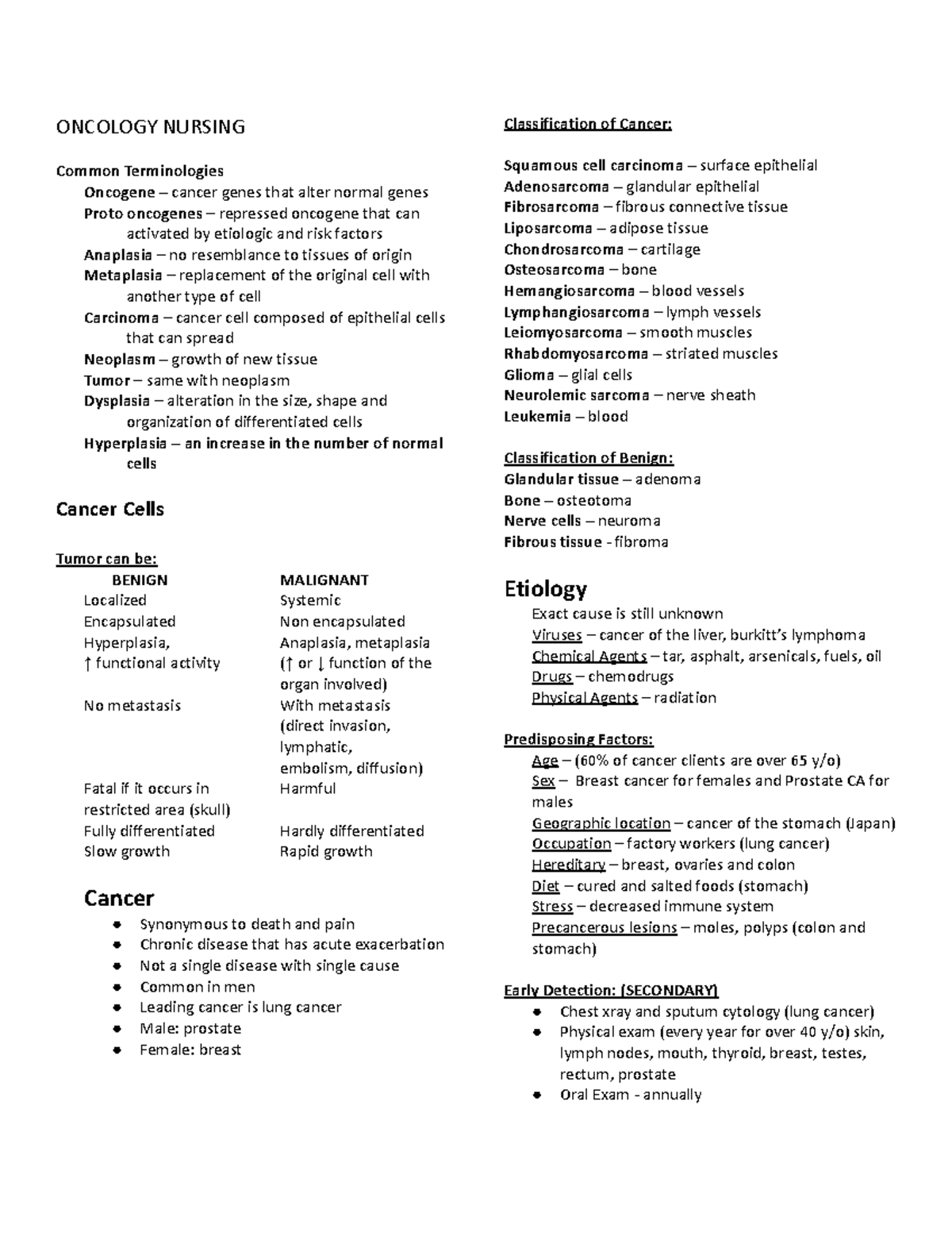 Nursing - Oncolgy Notes - ONCOLOGY NURSING Common Terminologies ...