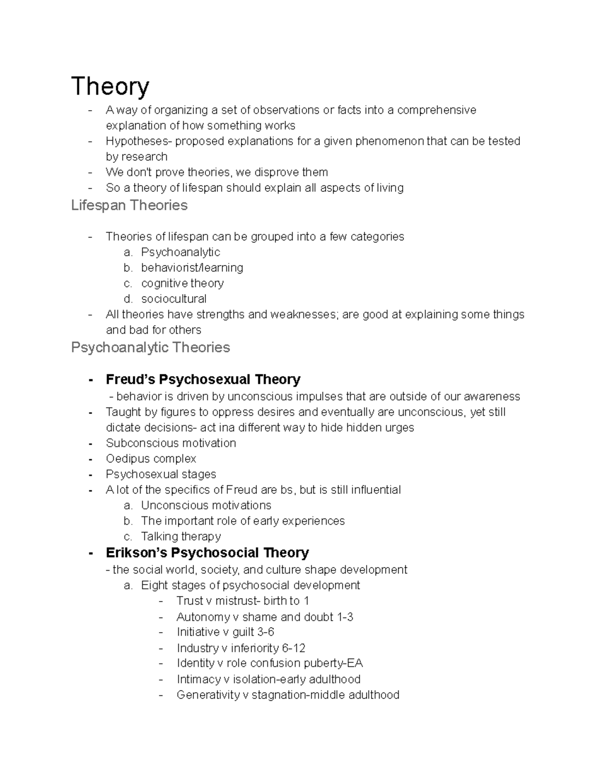 Lecture 2 Lifespan and Psychoanalytic Theories - Theory A way of ...