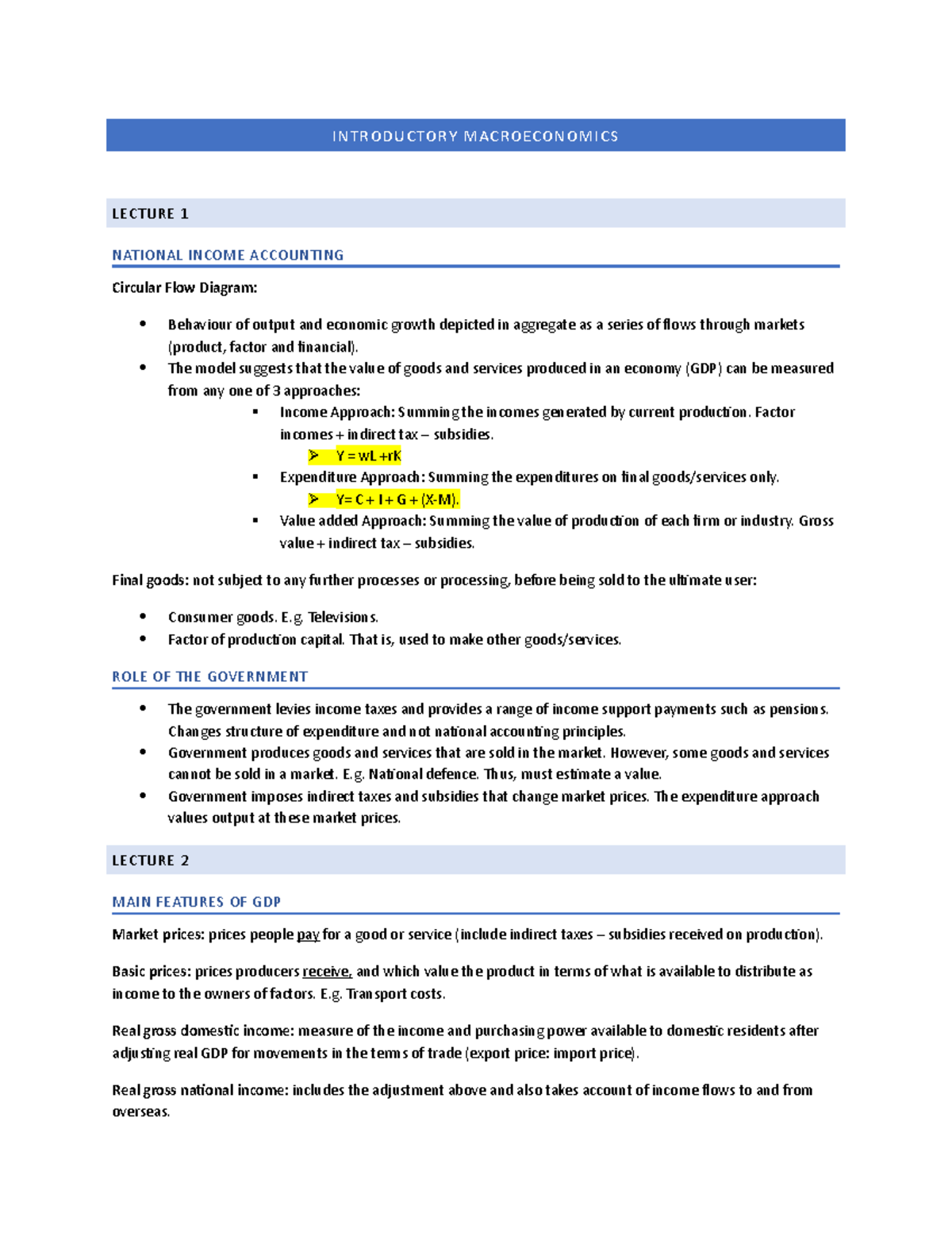 Introductory Macroeconomics Notes - INTRODUCTORY MACROECONOMICS LECTURE ...