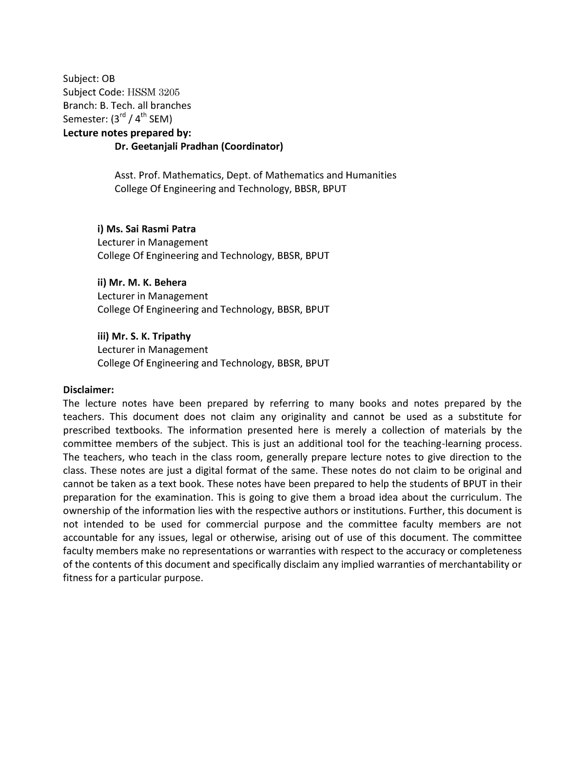 Lecture Note - Subject: OB Subject Code: HSSM 3205 Branch: B. Tech. All ...