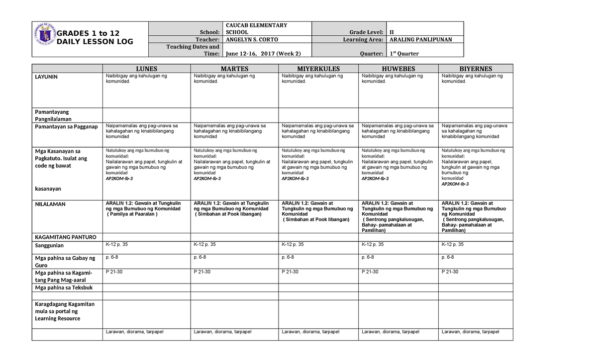 DLL AP 2 Q1 W2 - FOR TEACHING - GRADES 1 to 12 DAILY LESSON LOG School ...