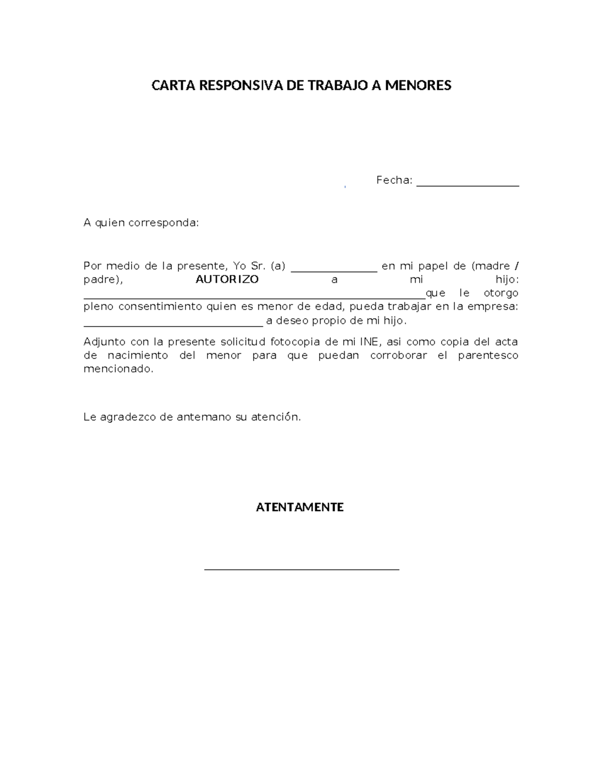 Carta responsiva de trabajo para menores - CARTA RESPONSIVA DE TRABAJO