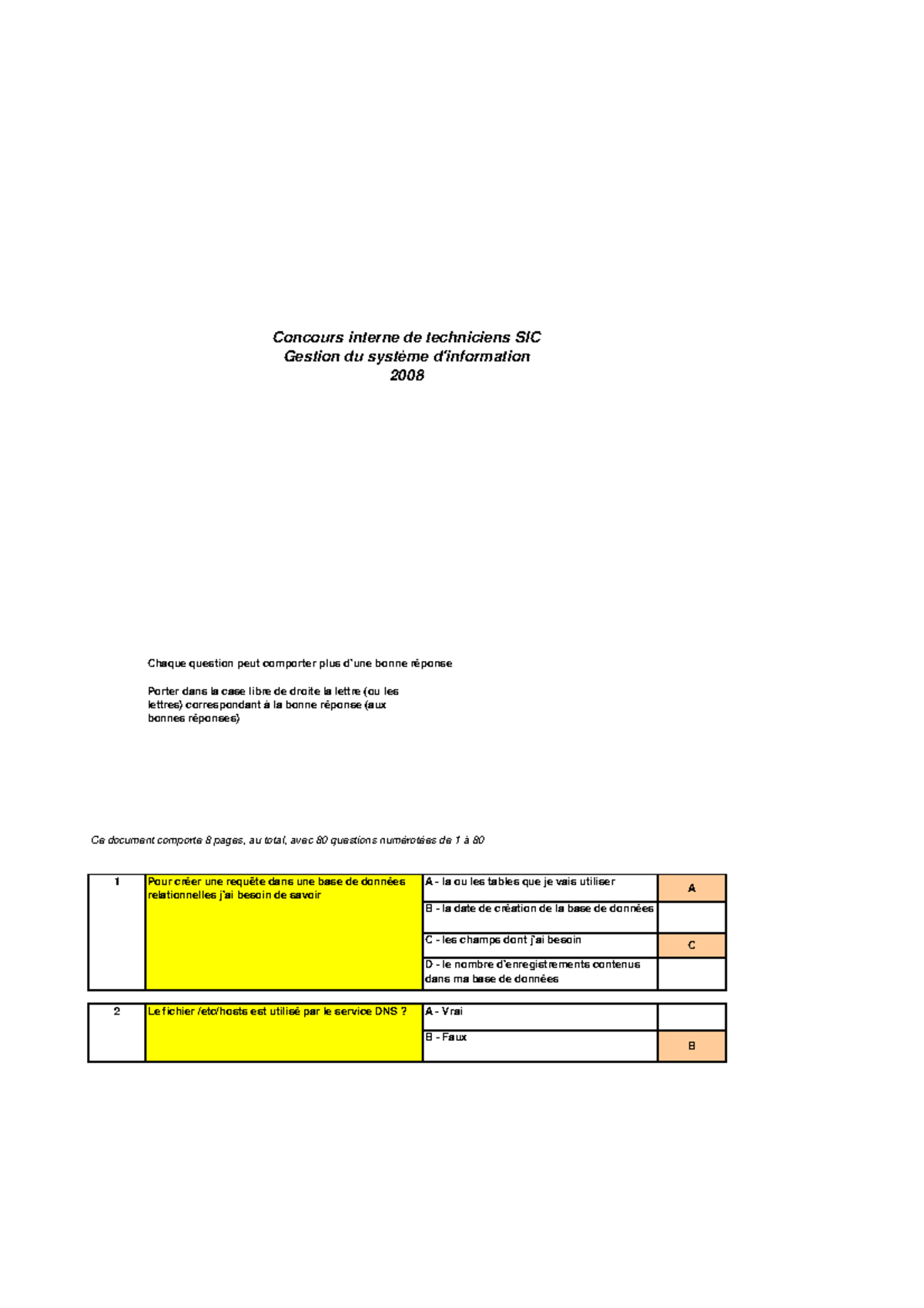 Corrige QCM Gestion SI Interne 2008 - Chaque Question Peut Comporter ...