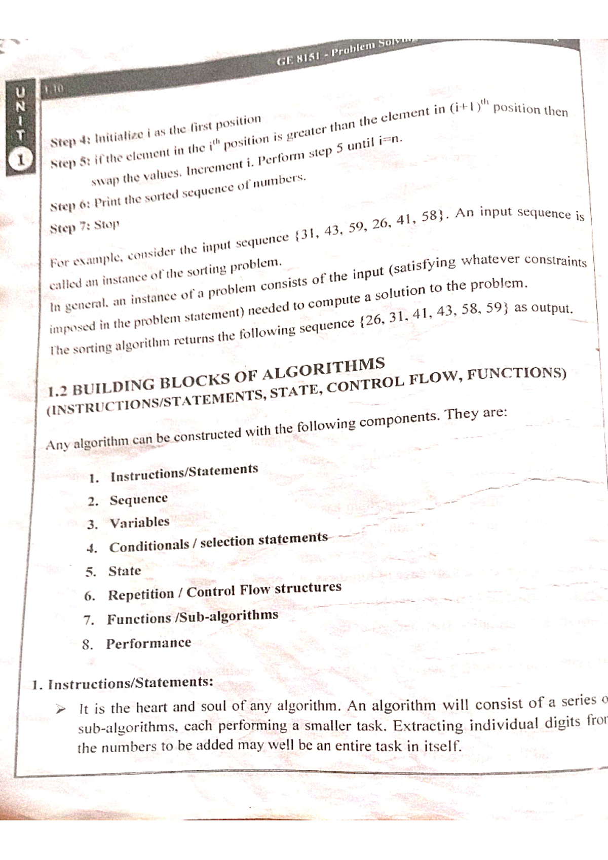 Building blocks,notations of algm,algorithmic pblm solving - GE 8151 ...