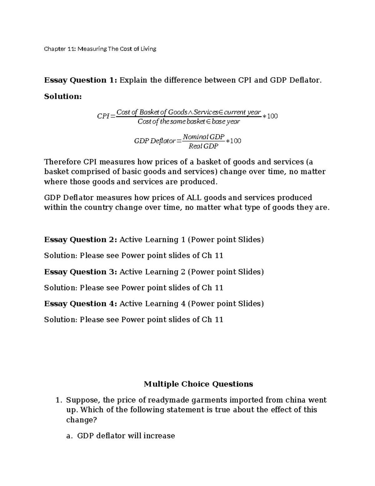 Sample Questions chpat 11 Solution - Chapter 11: Measuring The Cost of ...