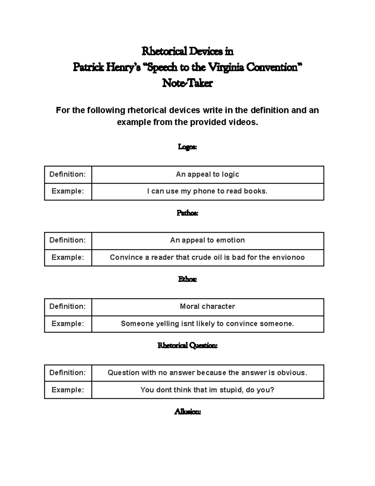 speech to the virginia convention rhetorical analysis worksheet answers