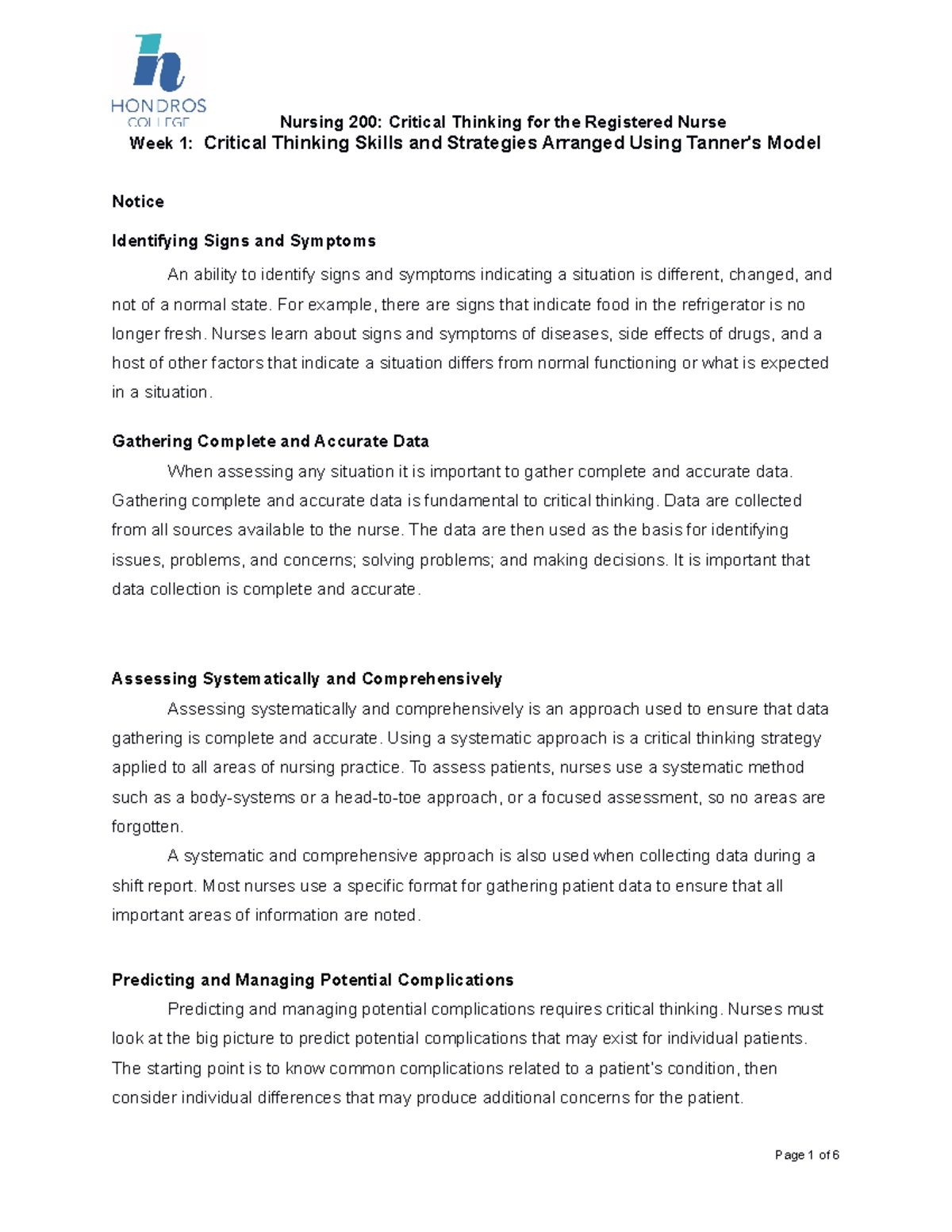 NUR 200-Week 1-Critical Thinking Skills and Strategies - Week 1 ...