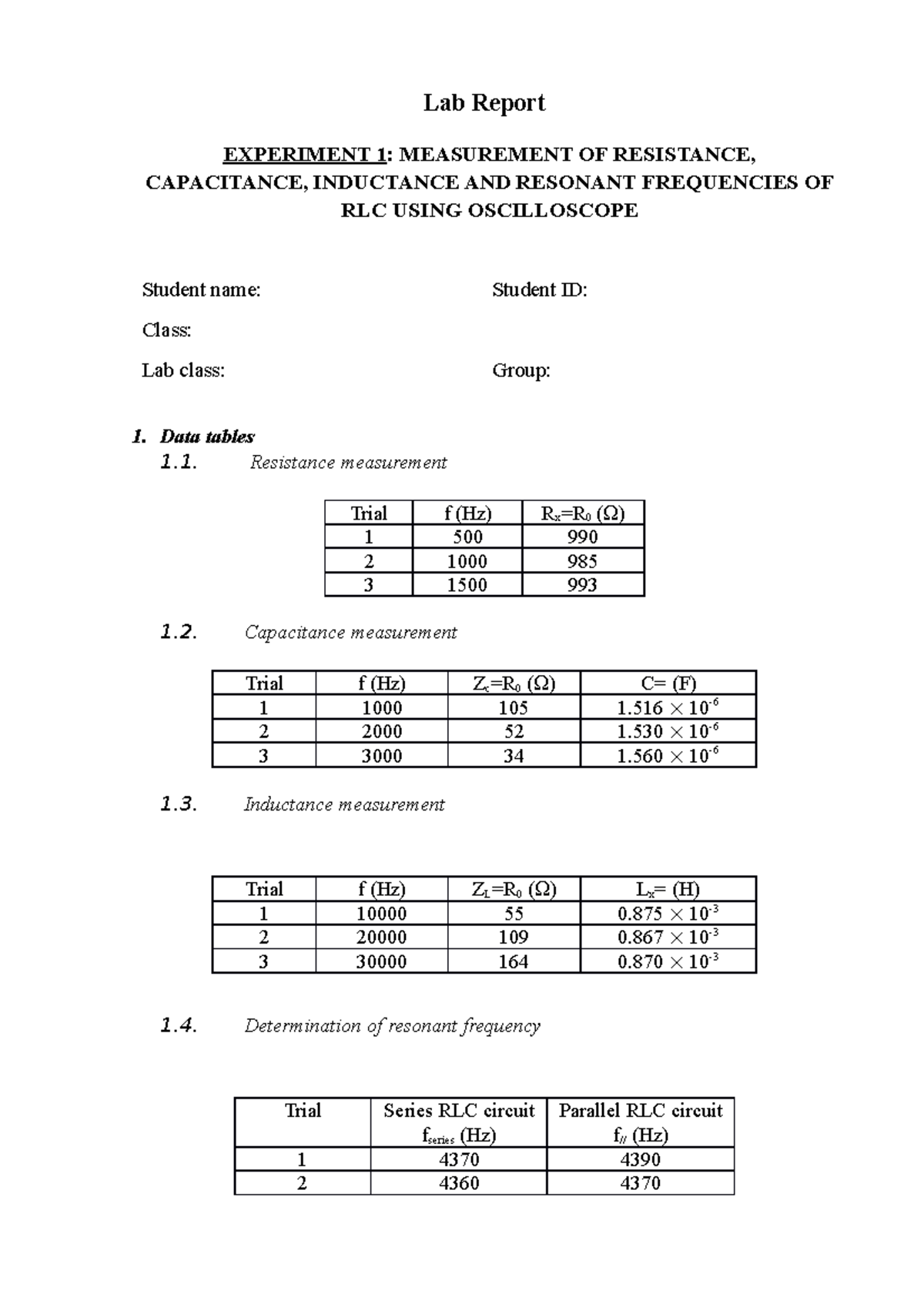 resistance experiment lab report