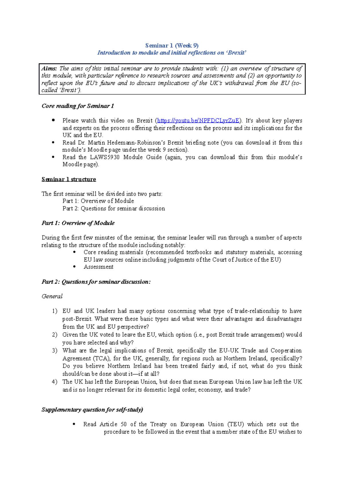 Seminar worksheet, week 9 - Seminar 1 (Week 9) Introduction to module ...